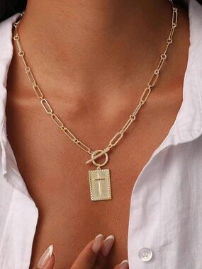 Gold Tone Rectangular CROSS Pendant Toggle Chain Necklace